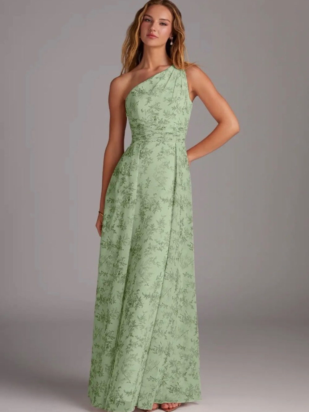 Azazie One-Shoulder Dusty Sage Green Floral Gown size 18